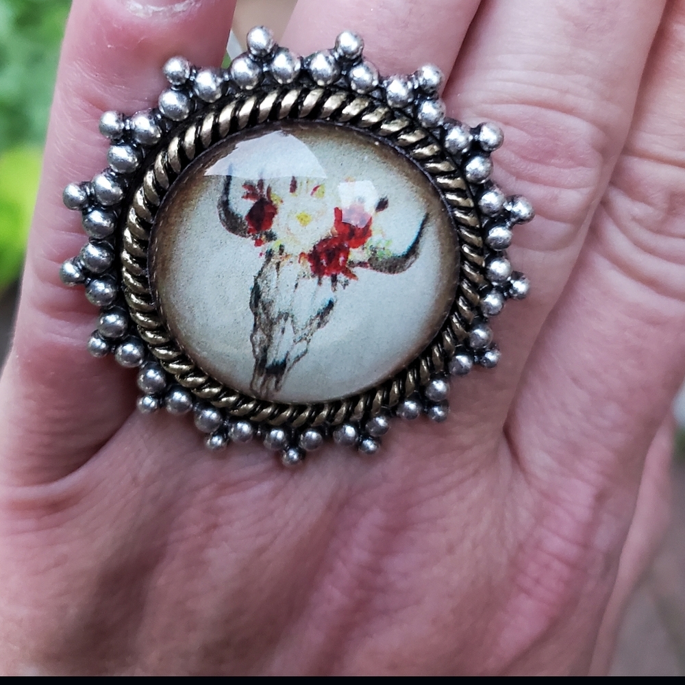 south western Cow Skull Steerhead Bubble Dome boho rustic Statement Ring  nwt